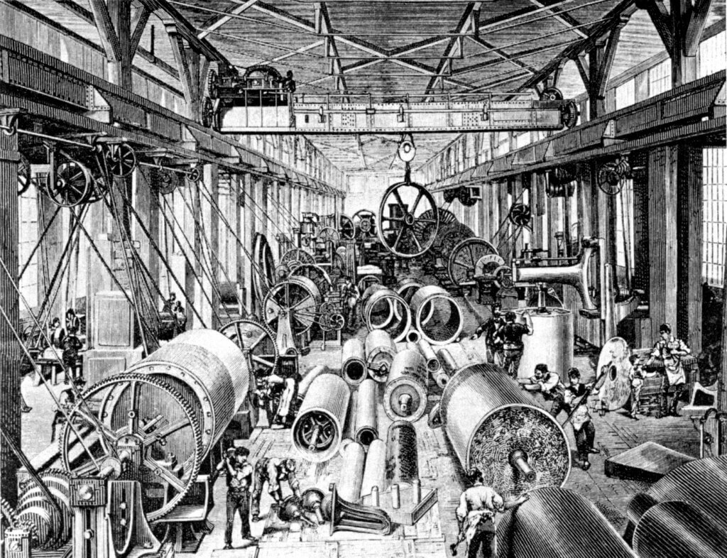 An illustration of a factory filled with machines