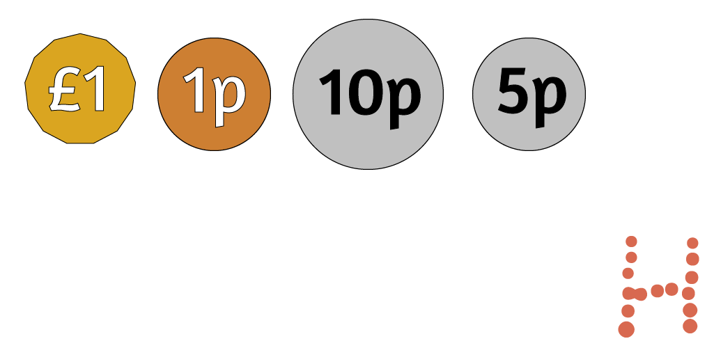 One £1 coin, one 10p coin, one 5p coin and one 1p coin.