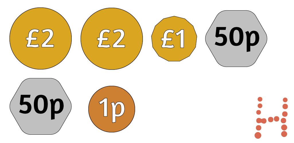 Two £2 coins, one £1 coin, two 50p coins and one 1p coin.