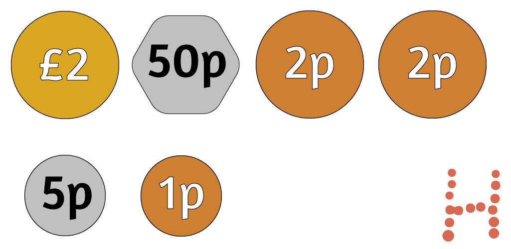 One £2 coin, one 50p coin, two 2p coins, one 5p coin and one 1p coin.