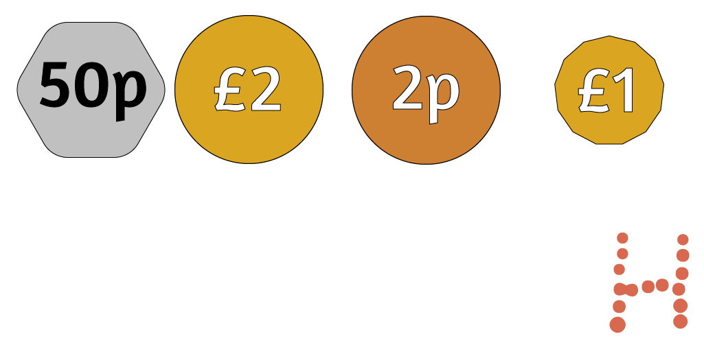 One £2 coin, one £1 coin, one 50p coin and one 2p coin.