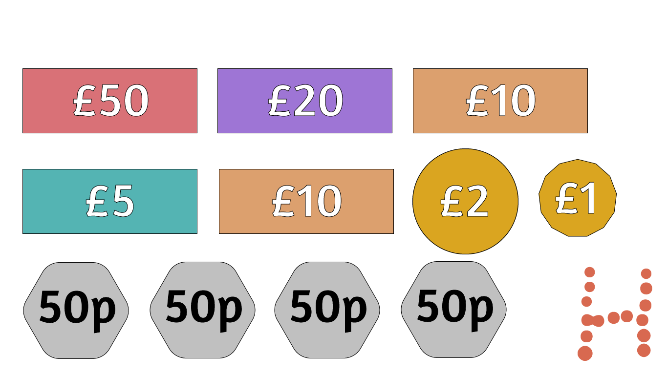 One £50 note, one £20 note, two £10 notes, one £5 note, one £2 coin, one £1 coin and four 50p coins.