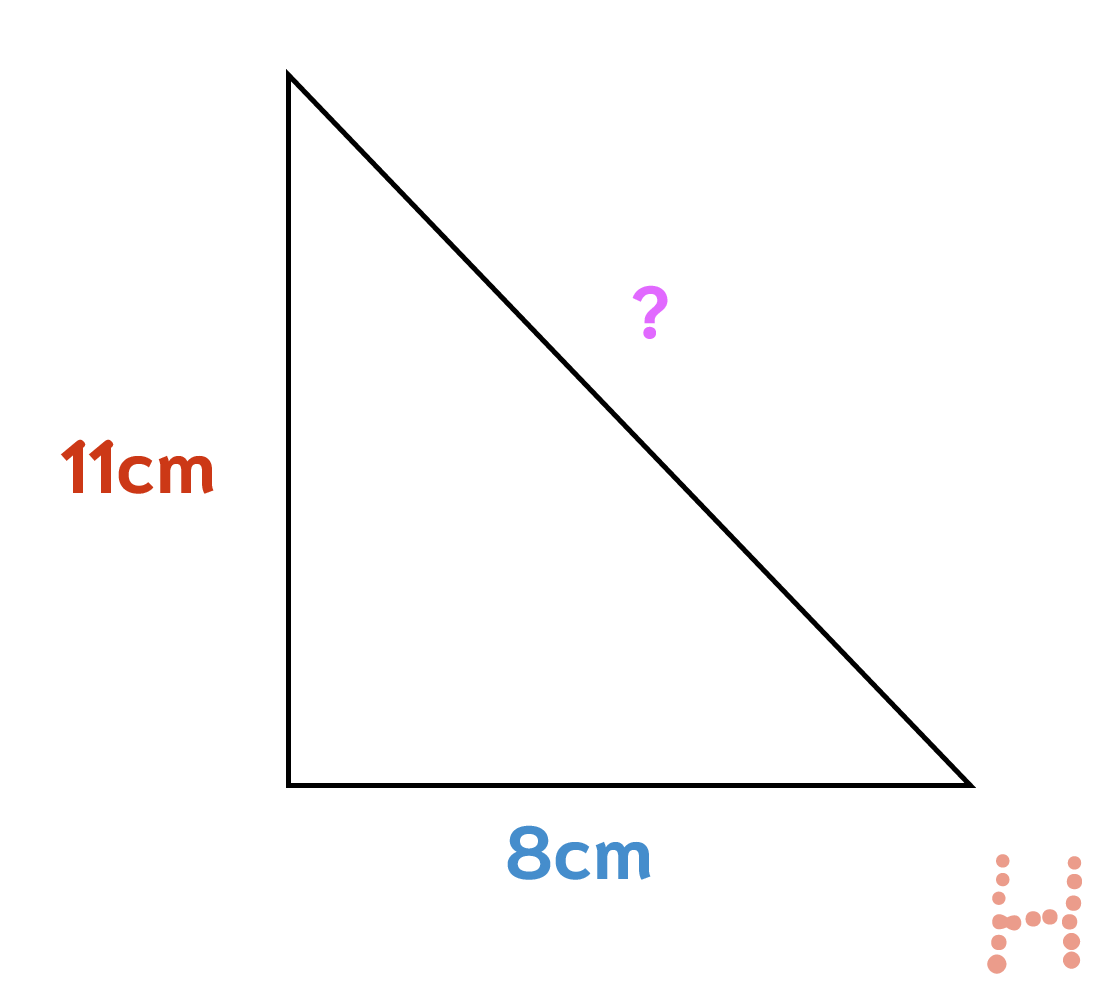 A right-angled triangle with a being 11cm and b being 8cm.