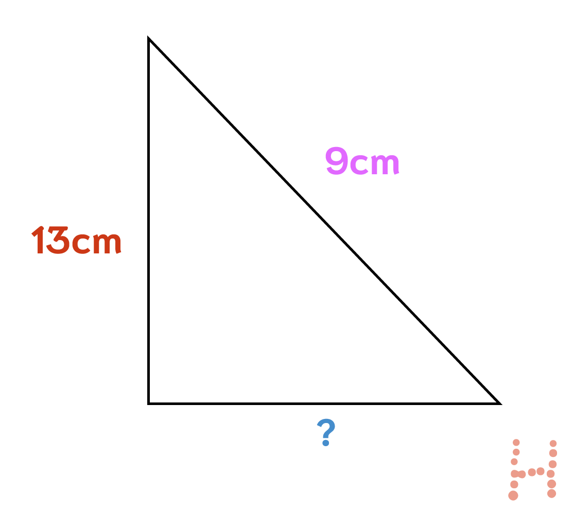A right-angled triangle with a being 13cm and c being 9cm.