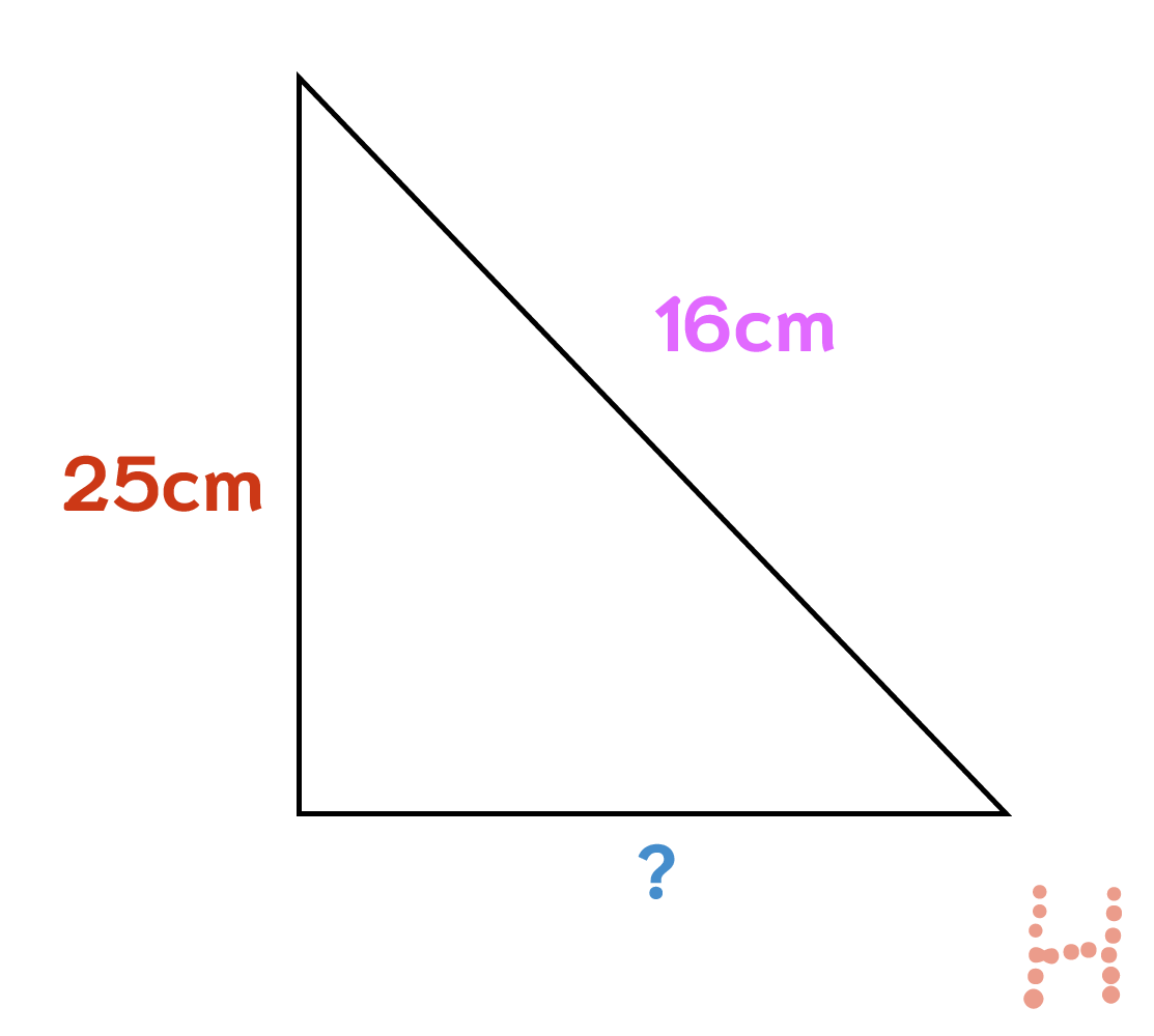 A right-angled triangle with a being 25cm and c being 16cm.