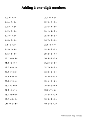 Adding 3 one-digit numbers worksheet