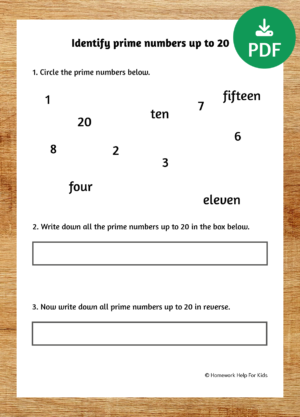 Identify prime numbers up to 20 worksheet