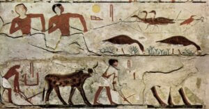 An Egyptian mural of hunting birds (top) and plowing a field (bottom.)