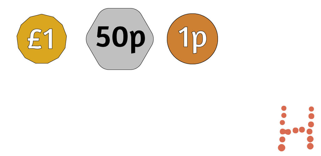 One £1 coin, one 50p coin and one 1p coin.