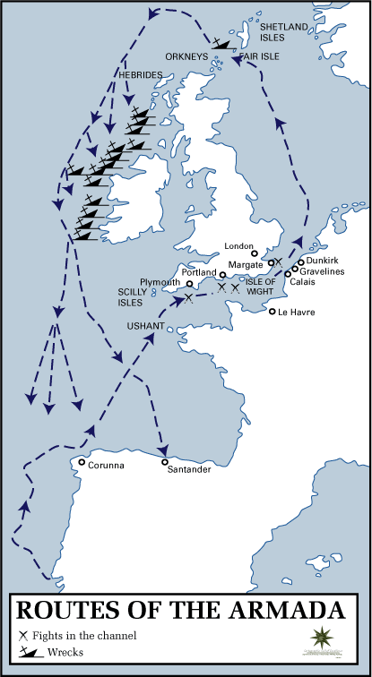 The Spanish Armada route, going around north Scotland and Ireland